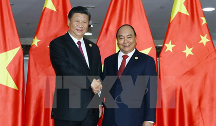 Thủ tướng Nguyễn Xuân Phúc hội kiến Tổng Bí thư, Chủ tịch Trung Quốc Tập Cận Bình. (Ảnh: TTXVN)