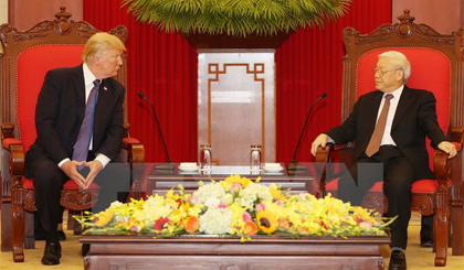 Tổng Bí thư Nguyễn Phú Trọng tiếp Tổng thống Hoa Kỳ Donald Trump thăm cấp Nhà nước tới Việt Nam. Ảnh: Trí Dũng/TTXVN