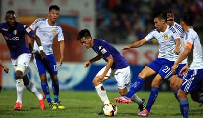 Văn Quyết (áo xanh ở giữa) ghi bàn thắng quý giá cho CLB Hà Nội trong trận gặp Quảng Nam ngày 19/11. Ảnh: Bongdaplus.vn 