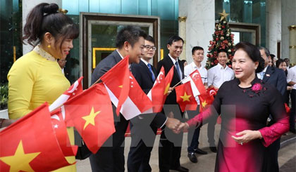 Đại sứ quán Việt Nam và Cộng đồng người Việt tại Singapore đón Chủ tịch Quốc hội Nguyễn Thị Kim Ngân, tại Sân bay Quốc tế Changi, ngày 26/11. Ảnh: Trọng Đức/TTXVN