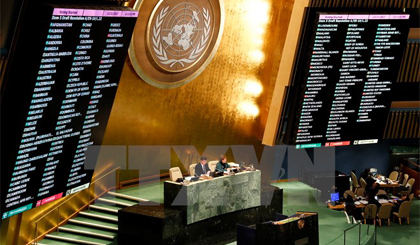 Kết quả bỏ phiếu tại phiên họp đặc biệt bất thường của Đại hội đồng Liên hợp quốc về vấn đề Jerusalem ở New York (Mỹ) ngày 21/12. Nguồn: THX/TTXVN
