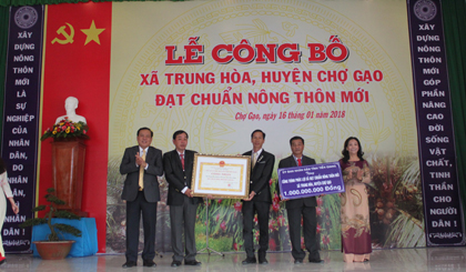 Đồng chí Lê Văn Nghĩa và NguyễnThị Sáng trao bảng công nhận NTM và công trình phúc lợi cho xã