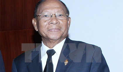 Chủ tịch danh dự của Đảng Nhân dân Campuchia Samdech Heng Samrin. Ảnh: Nhan Sáng/TTXVN