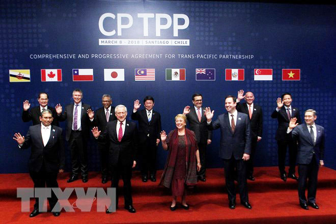 Bộ trưởng Thương mại và Công nghiệp Trần Tuấn Anh (thứ nhất, phải, hàng sau) cùng đại diện 10 nước tham gia lễ ký Hiệp định CPTPP. Nguồn: AFP/ TTXVN