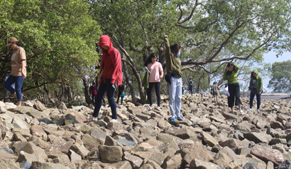 Nhiều bạn trẻ tìm đến bãi đá Tân Điền (xã Tân Điền, huyện Gò Công Đông) để khám phá vẻ hoang sơ của biển Gò Công.