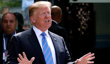  Tổng thống Mỹ Donald Trump phát biểu tại Hội nghị Thượng đỉnh G7 hôm 9-6. Ảnh: Reuters