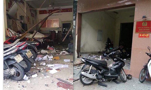Hiện trường vụ nổ tại trụ sở Công an phường 12, quận Tân Bình. Ảnh: tienphong.vn