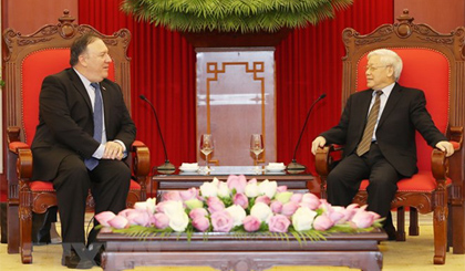 Tổng Bí thư Nguyễn Phú Trọng tiếp Ngoại trưởng Hoa Kỳ Mike Pompeo thăm chính thức Việt Nam. Ảnh: Trí Dũng/TTXVN