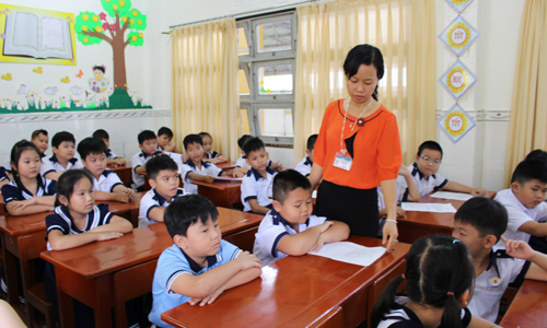 Học sinh Trường Tiểu học Thiên Hộ Dương chăm chú nghe giáo viên hướng dẫn đầu năm học mới.