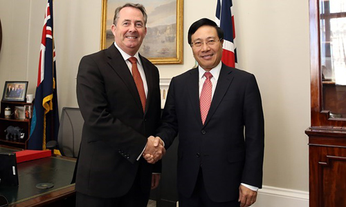 Deputy Prime Minister and Foreign Minister Pham Binh Minh (R) and UK Secretary of State for International Trade Liam Fox (Source: VNA)  
