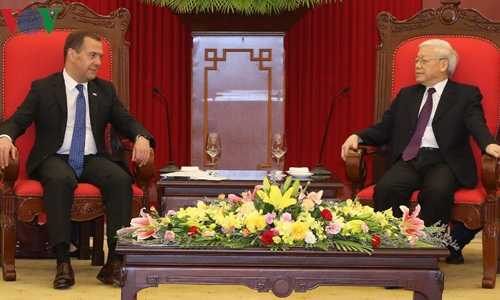 General Secretary and President Nguyen Phu Trong receives Russian Prime Minister Dmitry Medvedev. (Photo: VOV)