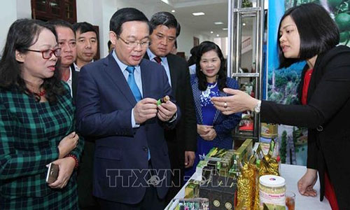Deputy Prime Minister Vuong Dinh Hue visits a booth showcasing agricultural products of Yen Bai province at the event (Photo: VNA)
