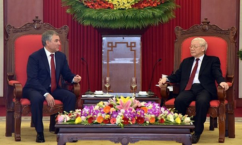 General Secretary of the Communist Party of Vietnam Central Committee and President Nguyen Phu Trong (R) receives Chairman of the State Duma of the Federal Assembly of the Russian Federation Vyacheslav Viktorovich Volodin in Hanoi on December 24, 2018. 