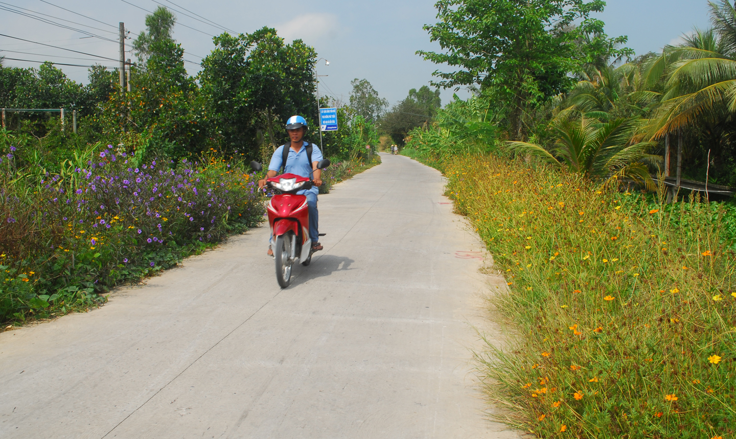 Con đường đạt chuẩn NTM và được trồng hoa 2 bên đường ở huyện Cái Bè.