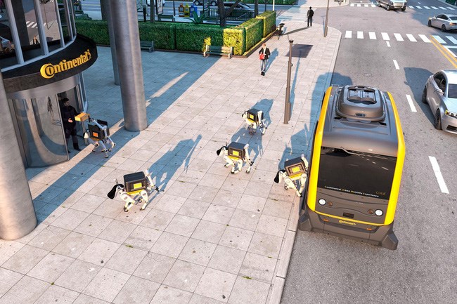 Hình ảnh mô phỏng cách các con chó robot nhảy từ xe tự hành xuống giao hàng.