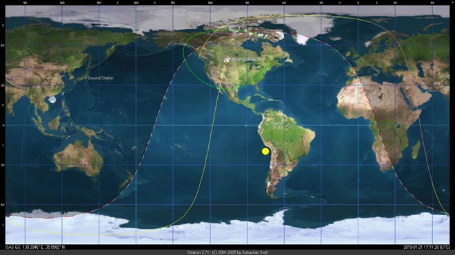 Vị trí vệ tinh MicroDragon khi thực hiện chụp ảnh thử nghiệm lần đầu tiên ở độ cao khoảng 512km trên bầu trời nước Mỹ.