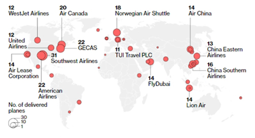  Số máy bay Boeing 737 MAX của các hãng hàng không trên toàn cầu. Đồ hoạ: Boeing. 