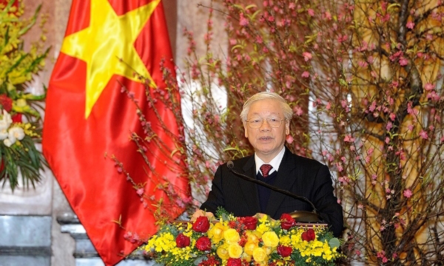 Party General Secretary and President Nguyen Phu Trong offers Tet greetings at the get-together in Hanoi on February 22 (Photo: NDO/Dang Khoa) 
