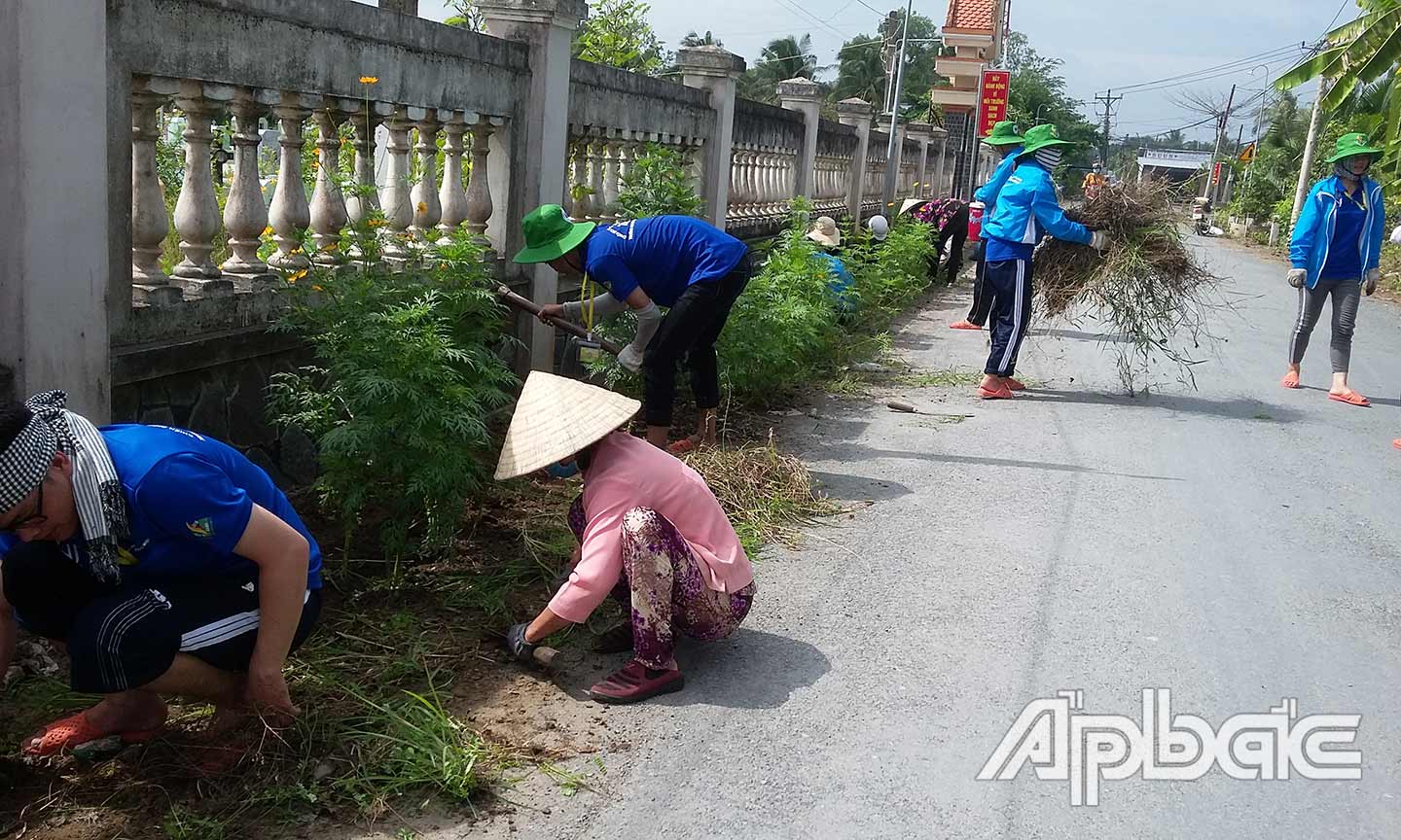 Hội Liên hiệp Phụ nữ xã Xuân Đông kết hợp sinh viên tình nguyện hè làm cỏ, trồng hoa  tại đường huyện 24 đoạn qua địa bàn xã. 