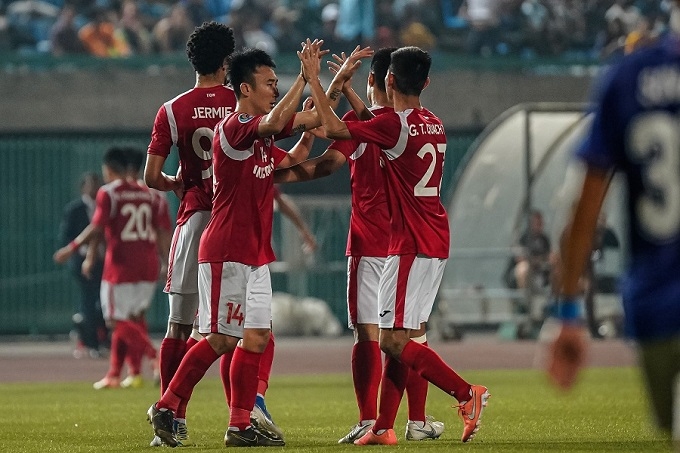  Quang Ninh Coal players celebrate scoring against Cambodia's Svay Rieng in the 2020 AFC Cup.