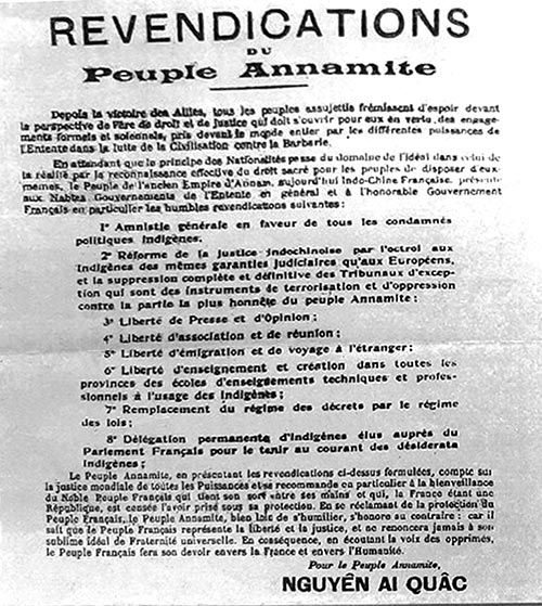 “Bản yêu sách Tám điểm” gửi Hội nghị Quốc tế hòa bình Versailles được ký tên Nguyễn Ái Quốc (năm 1919).