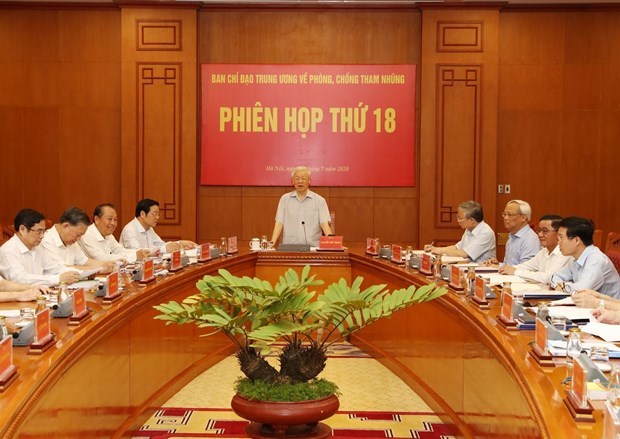 Party General Secretary and State President Nguyen Phu Trong (standing) chairs the 18th session of the Central Steering Committee for Anti-Corruption in Hanoi on July 25.