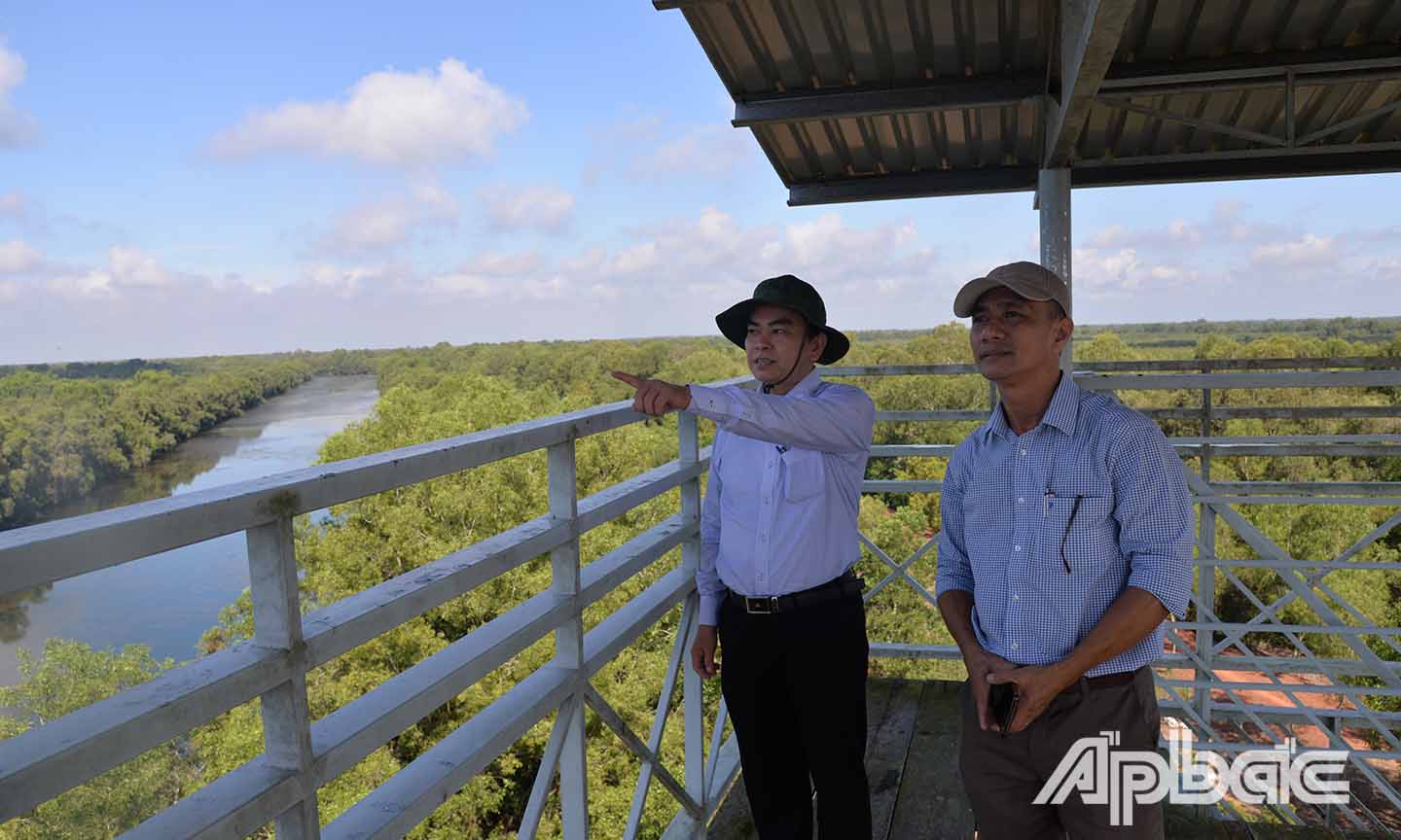 Đồng chí Đoàn Văn Phương (bên trái), Bí thư Huyện ủy Tân Phước khảo sát Khu Bảo tồn sinh thái Đồng Tháp Mười từ đài quan sát trên cao.