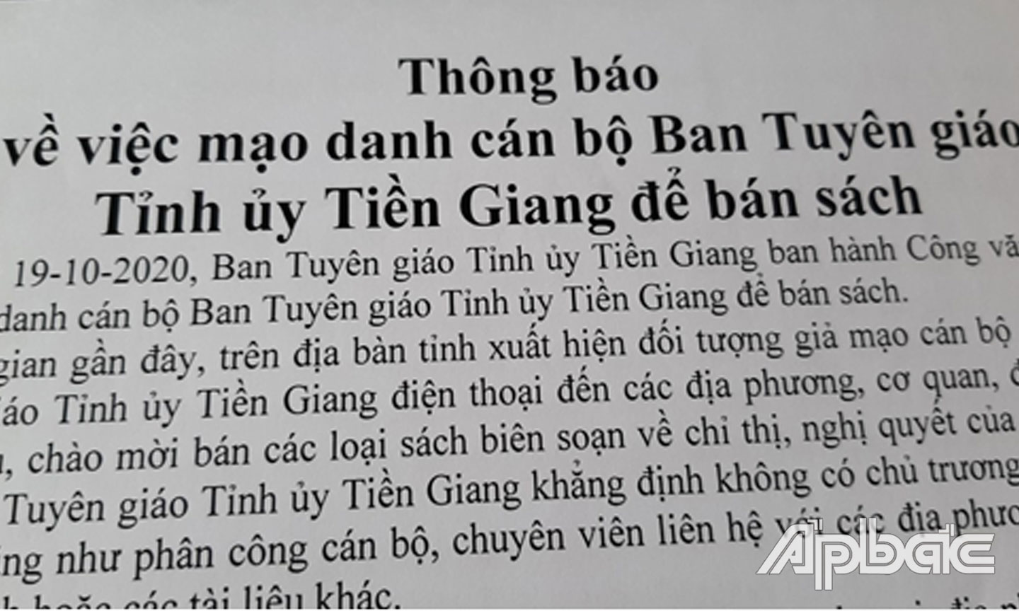 Về việc mạo danh cán bộ Ban Tuyên giáo Tỉnh ủy Tiền Giang để bán sách