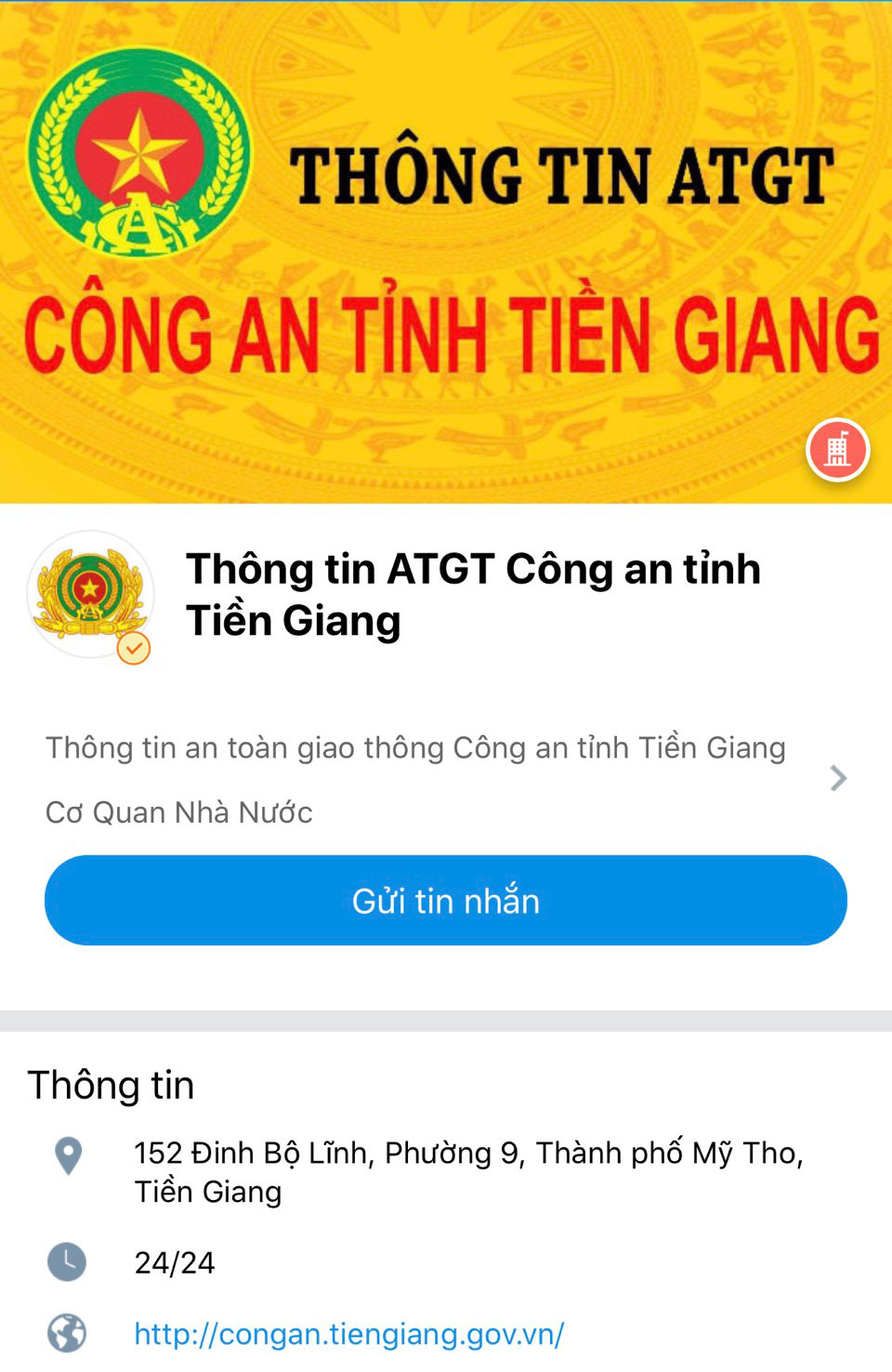 Giao diện trang zalo Công an Tiền Giang.