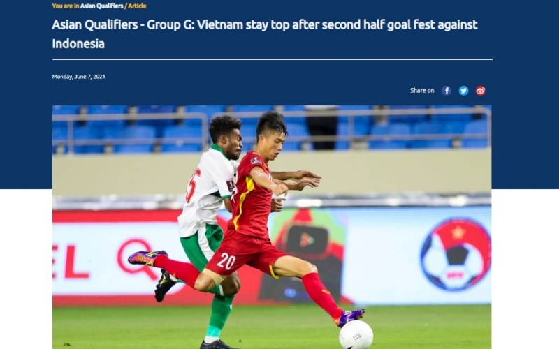 Truyền thông châu lục ấn tượng với màn trình diễn đẳng cấp của đội tuyển Việt Nam trước Indonesia. (Ảnh chụp màn hình)
