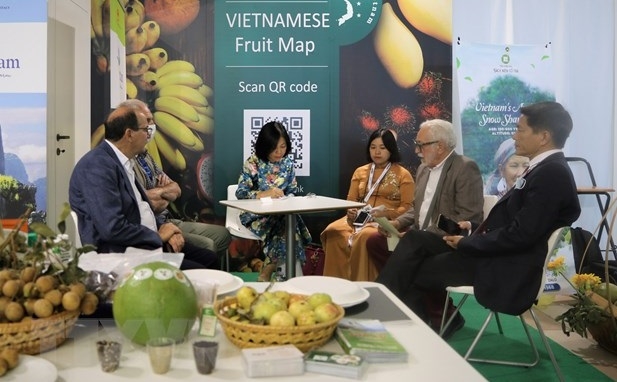 (Source: NDO)  Vietnamese typical fruits such as grapefruit, avocado, longan, persimmon, mango... along with Vietnamese tea and coffee brands have attracted a large number of visitors. (Photo: VNA).