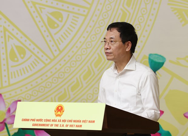 Bộ trưởng Bộ Thông tin và Truyền thông Nguyễn Mạnh Hùng phát biểu tại buổi lễ. (Ảnh: Dương Giang/TTXVN)