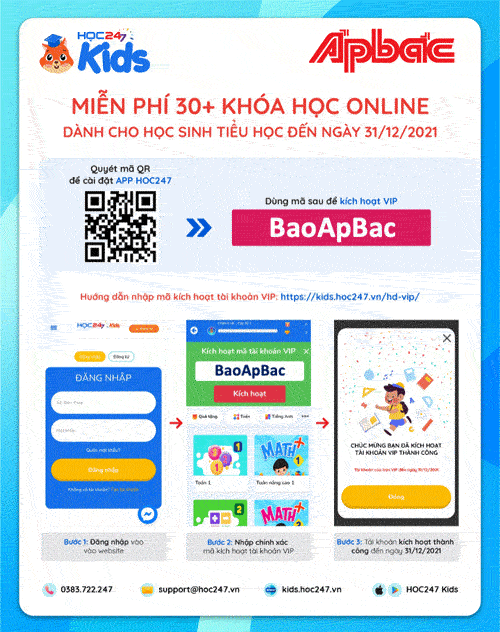 Nhập mã BaoApBac kích hoạt tài khoản VIP HOC247 Kids.