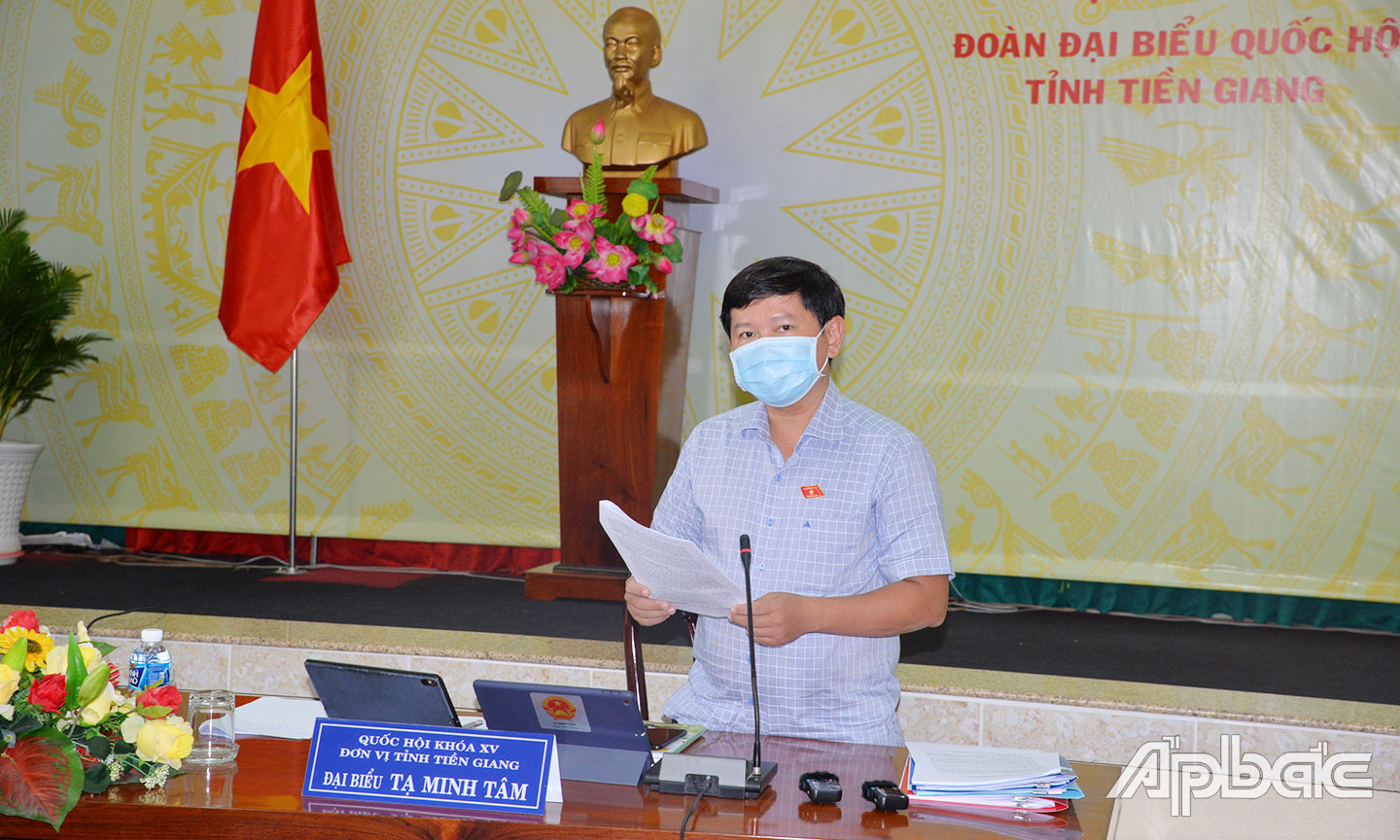 Phó trưởng Đoàn Đại biểu Quốc hội đơn vị tỉnh Tiền Giang Tạ Minh Tâm phát biểu tại buổi thảo luận tổ.
