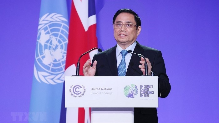 Prime Minister Pham Minh Chinh delivers a speech at the 26th UN Climate Change Conference (COP26) in Glasgow, the UK (Photo: VNA).