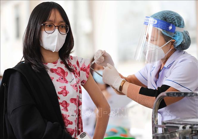 Học sinh trường THPT Trương Định, quận Hoàng Mai được tiêm vaccine COVID-19 trong sáng 25/11. Ảnh minh họa: Thanh Tùng/TTXVN