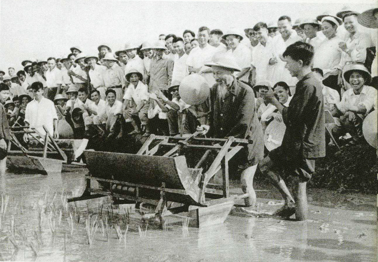 Người dùng thử máy cấy lúa cải tiến tại Trại thí nghiệm trồng lúa Sở Nông lâm Hà Nội ( 16-7-1960).