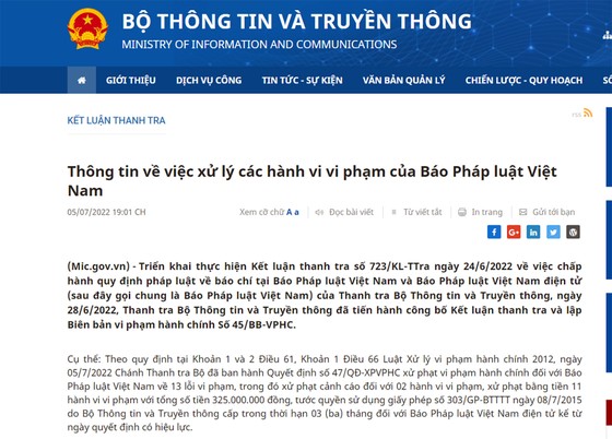 Thông báo về xử lý các hành vi vi phạm của Báo Pháp luật Việt Nam trên cổng thông tin điện tử Bộ TT-TT
