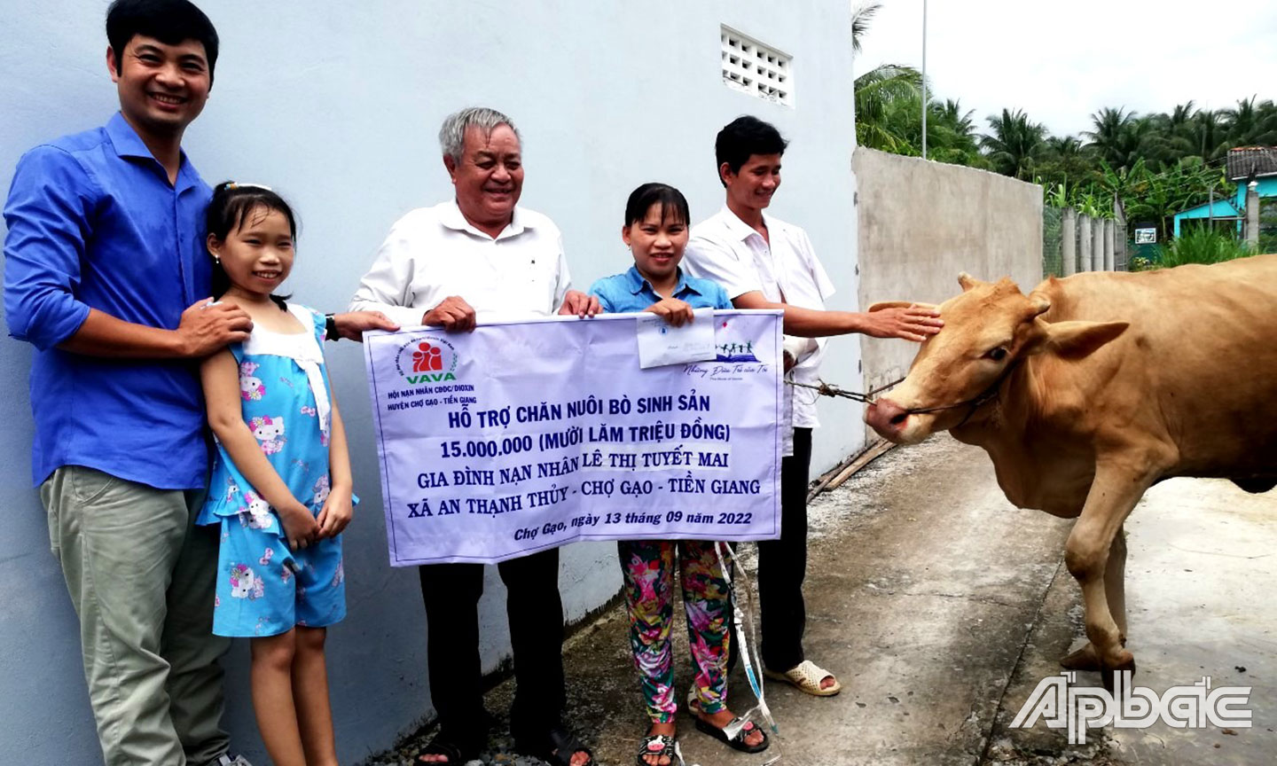 Bàn giao bò sinh sản cho gia đình NNCĐDC Lê Thị Tuyết Mai, xã An Thạnh Thủy, huyện Chợ Gạo.