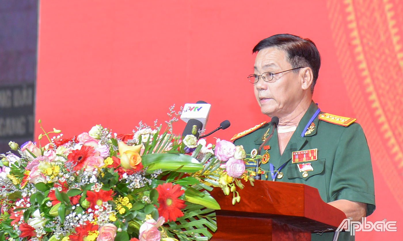 Đại tá Phan Hùng Mãnh, Chủ tịch Hội Cựu Chiến binh tỉnh Tiền Giang phát biểu tại buổi lễ.