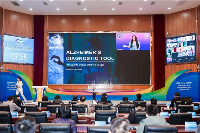 Em Phạm Thị Như Trang, sinh viên năm cuối Khoa Kỹ thuật Y sinh - Đại học Quốc tế Thành phố Hồ Chí Minh, thay mặt nhóm nghiên cứu “Brain Analytics” phát biểu tại lễ trao giải. Ảnh: TTXVN phát