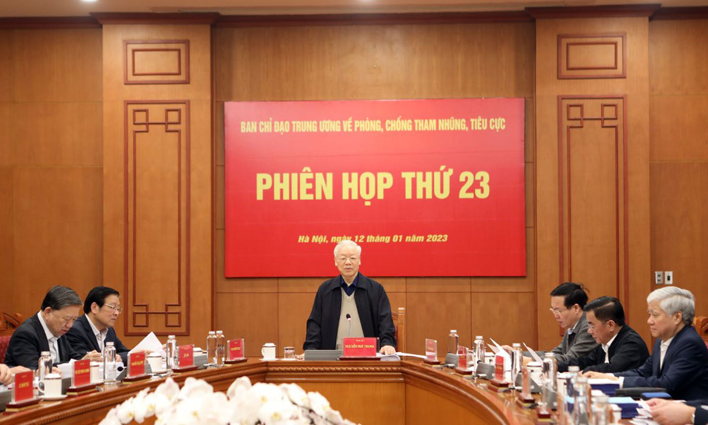 Tổng Bí thư Nguyễn Phú Trọng chủ trì Phiên họp thứ 23 của Ban Chỉ đạo Trung ương về phòng, chống TN, TC.                                                                                                                                                      Ảnh: noichinh.vn
