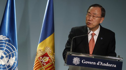 Tổng thư ký Liên Hợp Quốc Ban Ki-moon phát biểu tại cuộc họp báo ở Andorra. Ảnh: Reuters