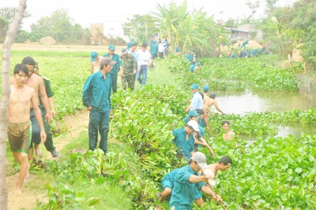 Hàng trăm cán bộ, chiến sĩ thuộc Ban CHQS huyện tổ chức vớt lục bình, khai thông dòng chảy.