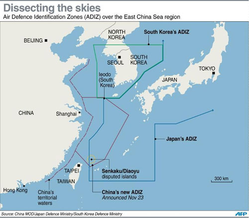 Bản đồ Khu vực Nhận dạng phòng không do Trung Quốc đơn phương tuyên bố, trong đó bao gồm những khu vực chống lấn với các nước Đông Bắc Á. Ảnh: AFP