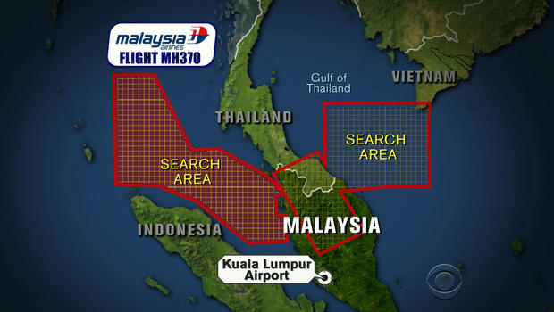 Đồ họa mở rộng khu vực tìm kiếm chuyến bay MH370 mất tích sang eo biển Malacca (Nguồn: NBC)