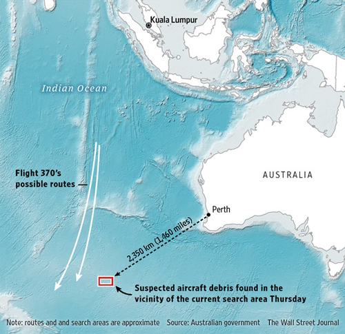  Khu vực khoanh màu đỏ là nơi vệ tinh của Australia phát hiện hai vật thể nghi của máy bay mất tích. Đồ họa: WSJ 