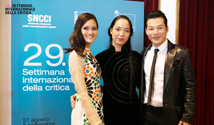 Actress Nguyen Thuy Anh, director Nguyen Hoang Diep (c) and actor Tran Bao Son attend the 71st annual Venice Film Festival