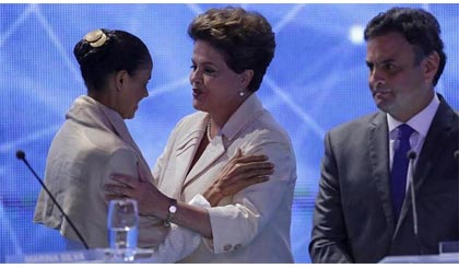 Các ứng viên Marina Silva, Dilma Rousseff và Aecio Neves (từ trái sang phải), tại một cuộc tranh luận trên truyền hình. Ảnh: AP