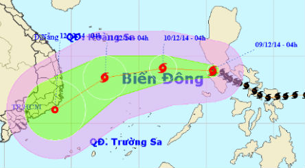 Vị trí và đường đi của cơn bão. Ảnh NCHMF phát hồi 2.30' sáng 9/12 